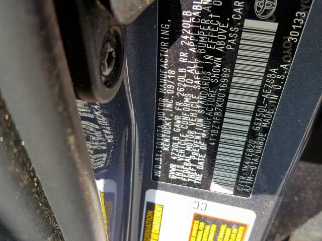 4T1BZ1FB7KU016989 - 2019 TOYOTA AVALON XLE BLUE photo 10