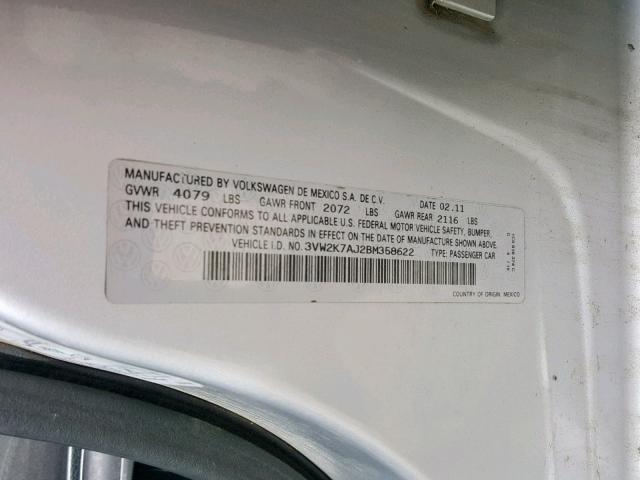 3VW2K7AJ2BM358622 - 2011 VOLKSWAGEN JETTA BASE SILVER photo 10