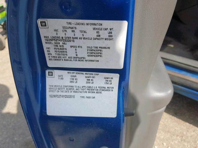 1G2NF52T4YC522010 - 2000 PONTIAC GRAND AM S BLUE photo 10