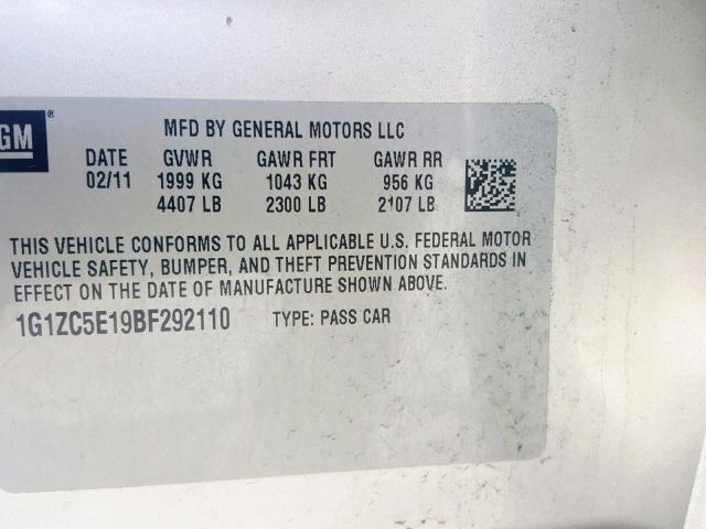 1G1ZC5E19BF292110 - 2011 CHEVROLET MALIBU 1LT 银色 照片 10