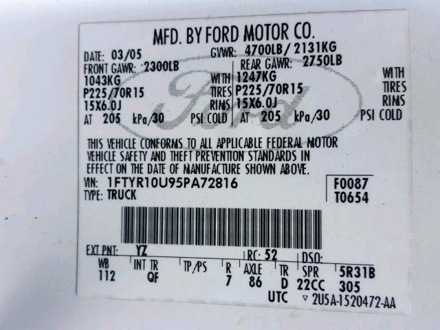 1FTYR10U95PA72816 - 2005 FORD RANGER WHITE photo 10