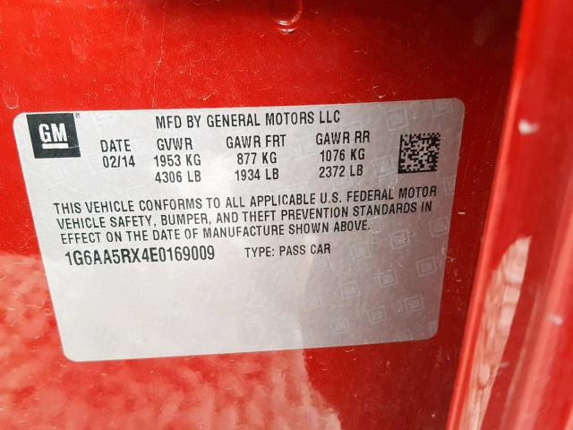 1G6AA5RX4E0169009 - 2014 CADILLAC ATS RED photo 10