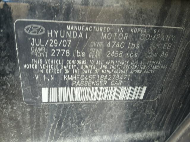 KMHFC46F18A273471 - 2008 HYUNDAI AZERA SE BLACK photo 10