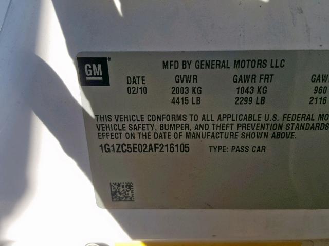 1G1ZC5E02AF216105 - 2010 CHEVROLET MALIBU 1LT WHITE photo 10