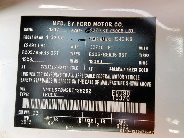 NM0LS7BN3DT136262 - 2013 FORD TRANSIT CO WHITE photo 10