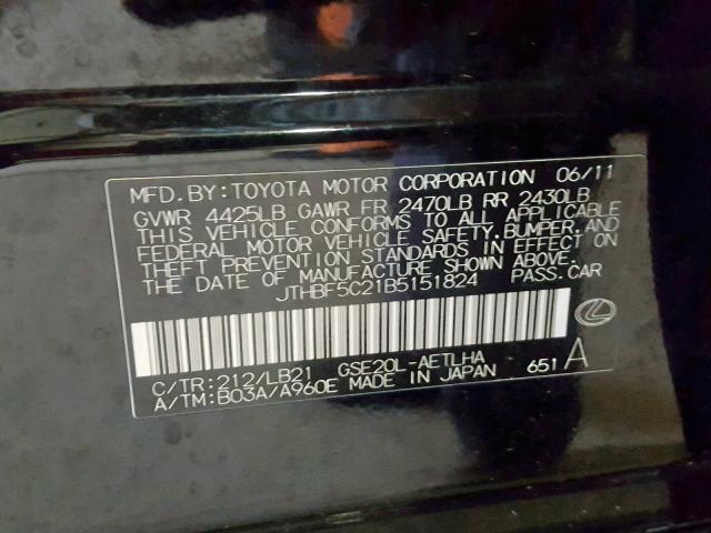 JTHBF5C21B5151824 - 2011 LEXUS IS 250 BLACK photo 10