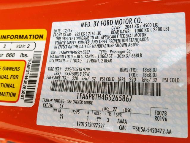 1FA6P8TH4G5265867 - 2016 FORD MUSTANG ORANGE photo 10