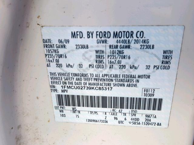 1FMCU02739KC85317 - 2009 FORD ESCAPE XLS WHITE photo 10