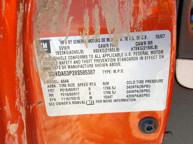 3GNDA53P28S585387 - 2008 CHEVROLET HHR LT ORANGE photo 10