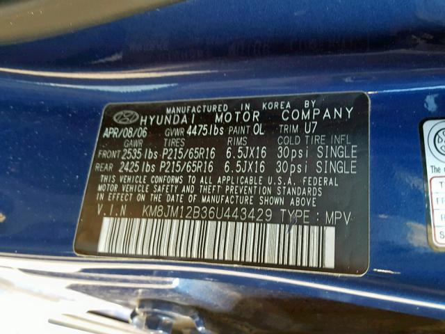 KM8JM12B36U443429 - 2006 HYUNDAI TUCSON GL BLUE photo 10