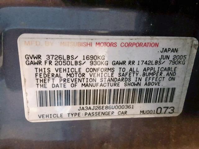 JA3AJ26E86U000361 - 2006 MITSUBISHI LANCER ES SILVER photo 10