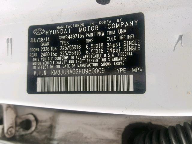 KM8JU3AG2FU980009 - 2015 HYUNDAI TUCSON LIM WHITE photo 10