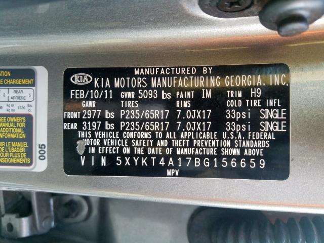 5XYKT4A17BG156659 - 2011 KIA SORENTO BASE  photo 10