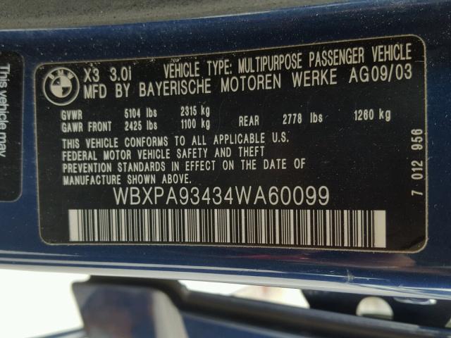 WBXPA93434WA60099 - 2004 BMW X3 3.0I BLUE photo 10