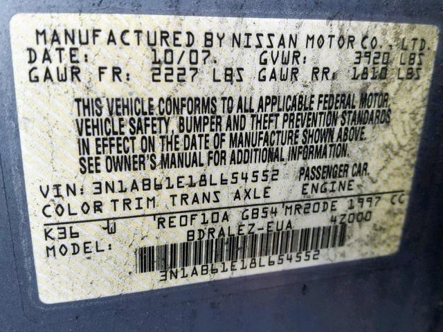 3N1AB61E18L654552 - 2008 NISSAN SENTRA 2.0 SILVER photo 10