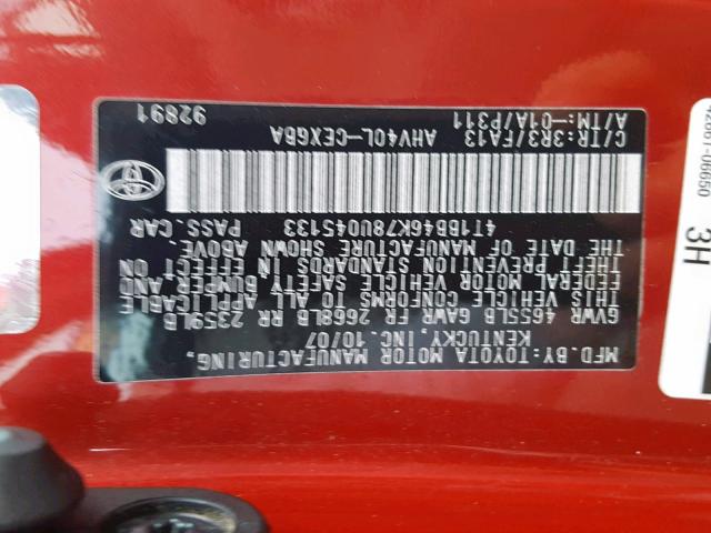 4T1BB46K78U045133 - 2008 TOYOTA CAMRY HYBR RED photo 10