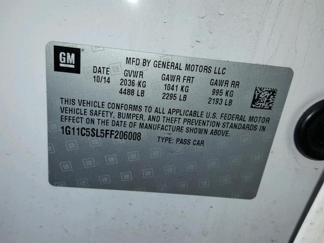 1G11C5SL5FF206008 - 2015 CHEVROLET MALIBU 1LT 白色 照片 10