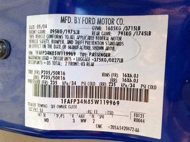 1FAFP34N85W119969 - 2005 FORD FOCUS ZX4 BLUE photo 10