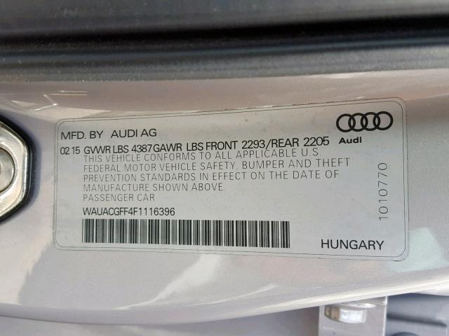 WAUACGFF4F1116396 - 2015 AUDI A3 PREMIUM GRAY photo 10