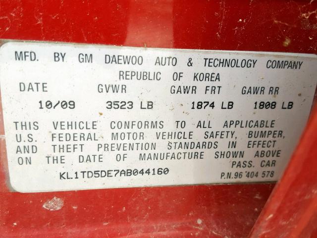 KL1TD5DE7AB044160 - 2010 CHEVROLET AVEO LS RED photo 10