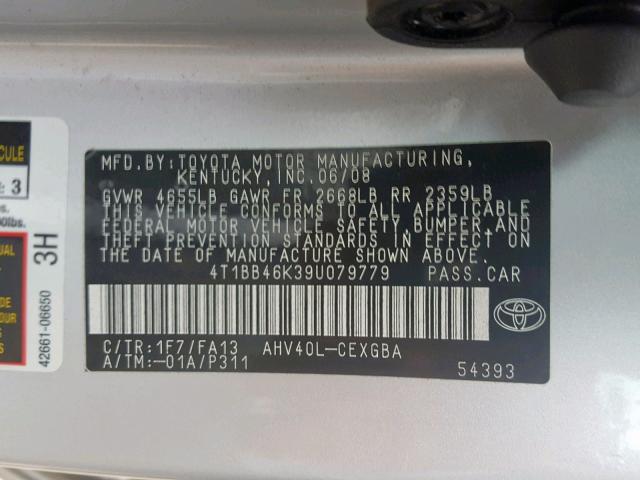 4T1BB46K39U079779 - 2009 TOYOTA CAMRY HYBR SILVER photo 10