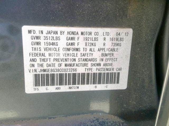 JHMGE8G38CC023266 - 2012 HONDA FIT GRAY photo 10