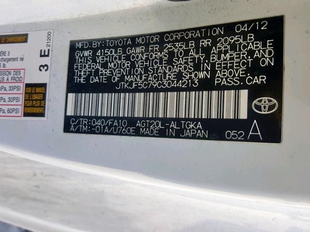 JTKJF5C79C3044213 - 2012 TOYOTA SCION TC თეთრი ფოტო 10