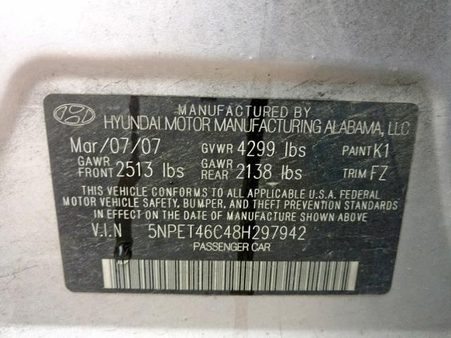 5NPET46C48H297942 - 2008 HYUNDAI SONATA GLS SILVER photo 10