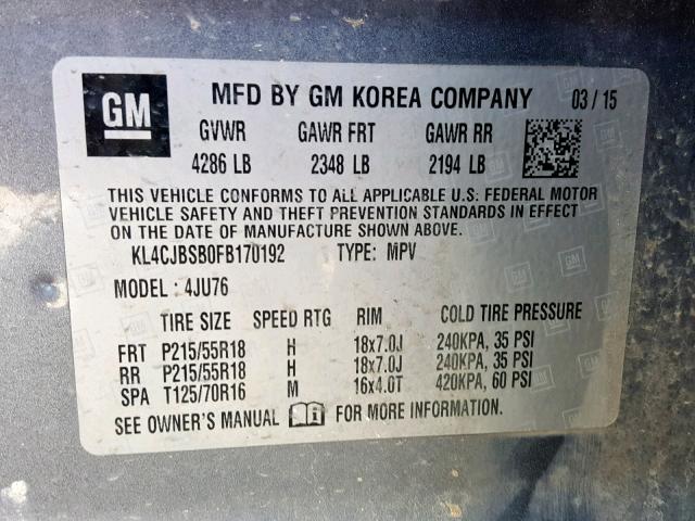 KL4CJBSB0FB170192 - 2015 BUICK ENCORE CON GRAY photo 10