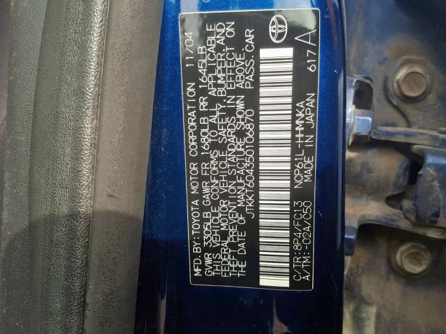 JTKKT604350106870 - 2005 TOYOTA SCION XA BLUE photo 10