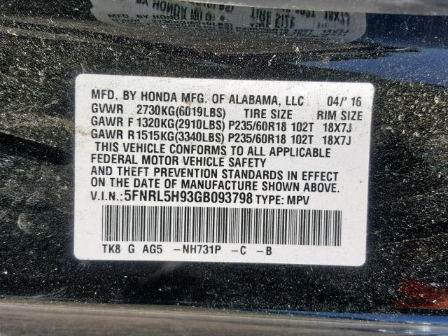 5FNRL5H93GB093798 - 2016 HONDA ODYSSEY TO BLACK photo 10