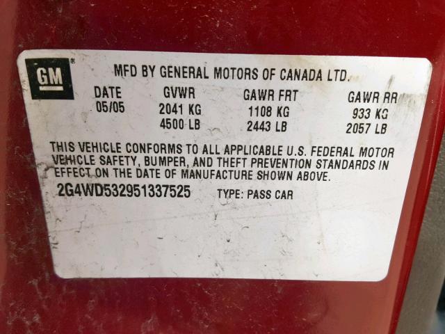 2G4WD532951337525 - 2005 BUICK LACROSSE C RED photo 10