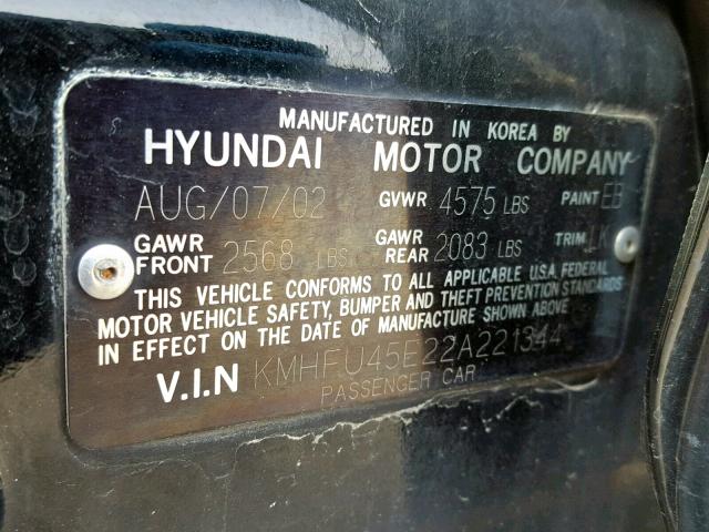 KMHFU45E22A221344 - 2002 HYUNDAI XG 350 BLACK photo 10