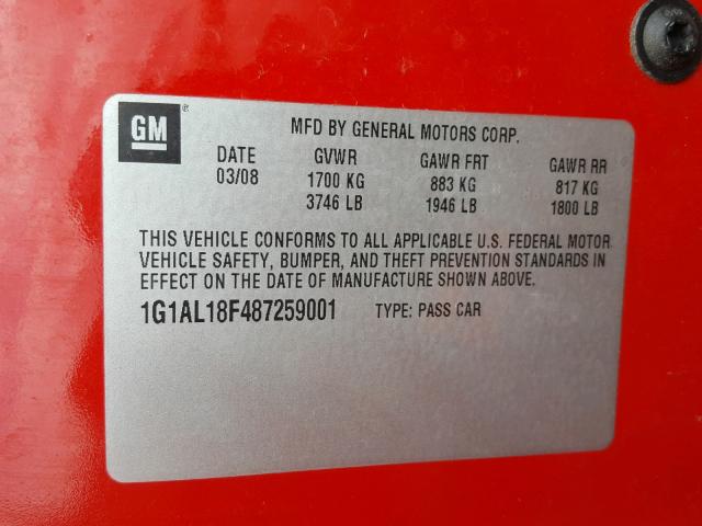 1G1AL18F487259001 - 2008 CHEVROLET COBALT LT RED photo 10