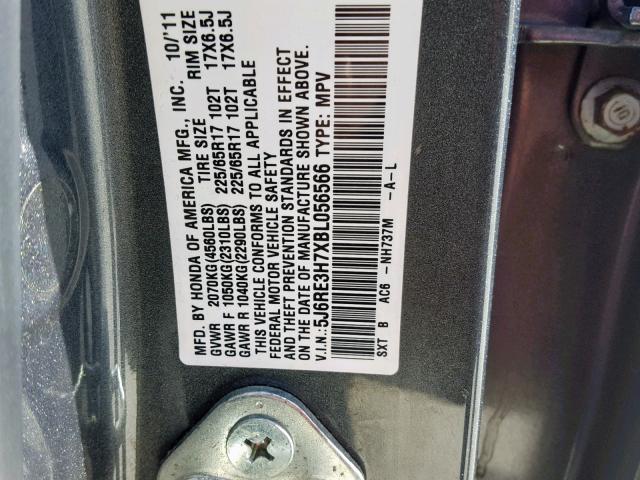 5J6RE3H7XBL056566 - 2011 HONDA CR-V EXL GRAY photo 10