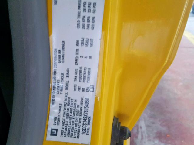 1GCCS149X78154054 - 2007 CHEVROLET COLORADO YELLOW photo 10