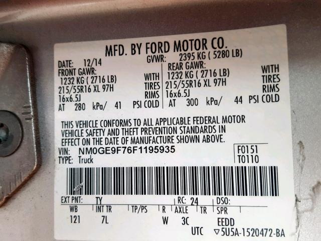 NM0GE9F76F1195935 - 2015 FORD TRANSIT CO SILVER photo 10