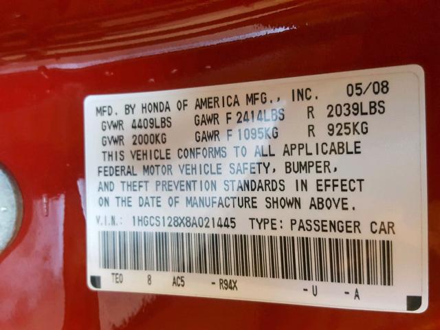 1HGCS128X8A021445 - 2008 HONDA ACCORD EXL RED photo 10