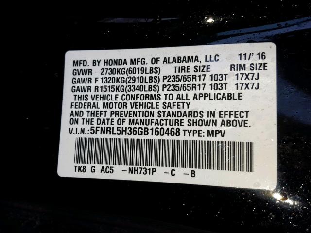 5FNRL5H36GB160468 - 2016 HONDA ODYSSEY SE BLACK photo 10