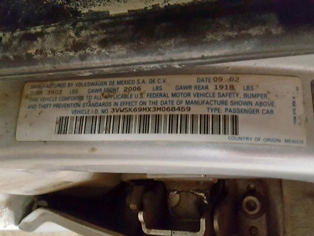 3VWSK69MX3M068459 - 2003 VOLKSWAGEN JETTA GLS SILVER photo 10