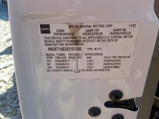 4NUET16S232101288 - 2003 ISUZU ASCENDER S 白色 照片 10
