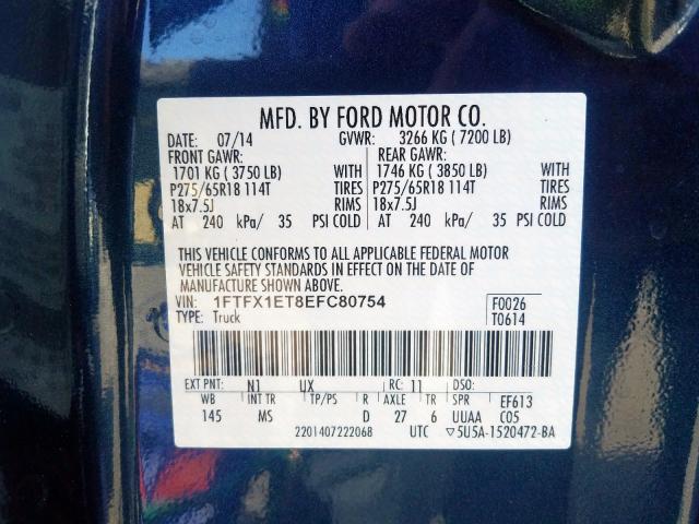 1FTFX1ET8EFC80754 - 2014 FORD F150 SUPER CAB  photo 10