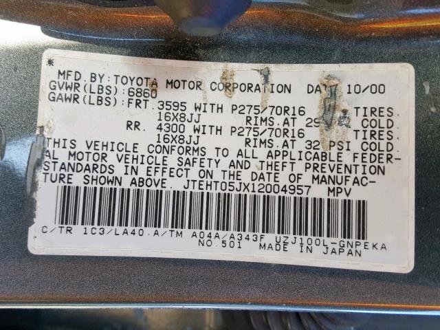 JTEHT05JX12004957 - 2001 TOYOTA LAND CRUIS TAN photo 10