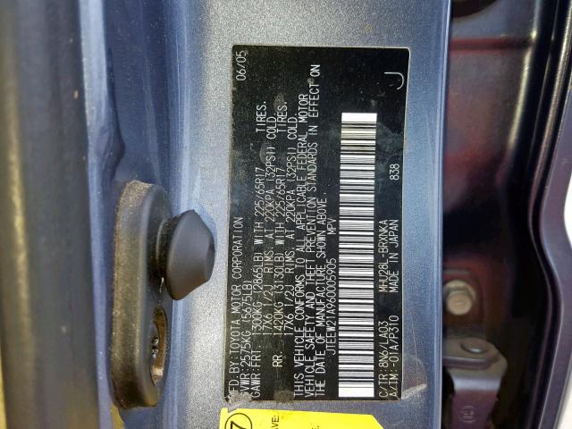 JTEEW21A960005905 - 2006 TOYOTA HIGHLANDER GRAY photo 10