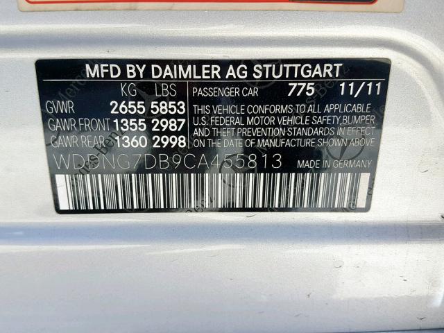 WDDNG7DB9CA455813 - 2012 MERCEDES-BENZ S 550 SILVER photo 10