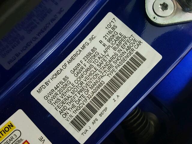 1HGCV1F32JA009883 - 2018 HONDA ACCORD SPO BLUE photo 10