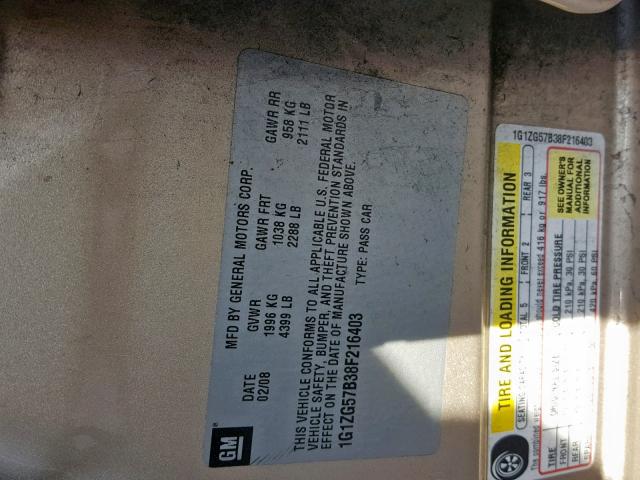 1G1ZG57B38F216403 - 2008 CHEVROLET MALIBU LS GOLD photo 10