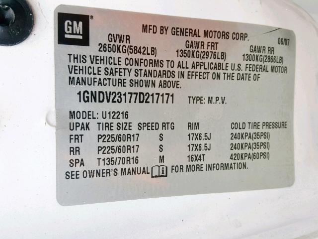 1GNDV23177D217171 - 2007 CHEVROLET UPLANDER L 白色 照片 10