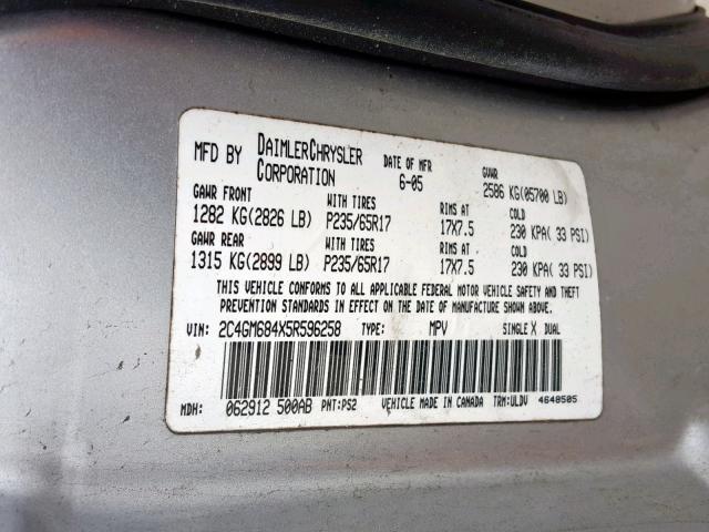 2C4GM684X5R596258 - 2005 CHRYSLER PACIFICA T SILVER photo 10