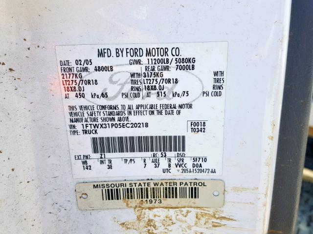 1FTWX31P05EC20218 - 2005 FORD F350 SRW S WHITE photo 10